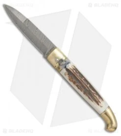 AGA Campolin Brass Lever Lock Automatic Knife Stag Horn (3.75" Damascus)