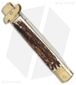 AKC Leverletto 9" Lever Lock Auto Italian Knife Brass/Stag Horn (4" Satin) -Knife Promotion Shop AKC leverletto stag horn brass flat BP 18946 er side