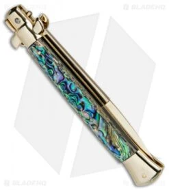 Frank B 11" Italian Stiletto Automatic Knife Abalone Gold (3.8" Gold Bayo) -Knife Promotion Shop Frank B 11in Auto Italian Stiletto Abalone Bayo Gold BHQ 82054 jr side
