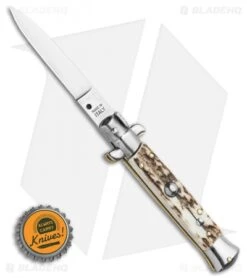 Frank B 7.5" Italian Stiletto Automatic Knife Stag Horn (3.5" Polish Flat Grind) -Knife Promotion Shop Frank B 7.5 Italian Stiletto Automatic Knife Stag Horn 3.5 Satin Flat Grind BHQ 118529 LS Bottlecap