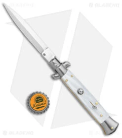 Frank B 9" Italian Stiletto Automatic Knife White Pearlex (4" Satin Dagger) -Knife Promotion Shop Frank B 9in Italian Stiletto Auto White Pearlex Satin Dagger BHQ 138986 jr bottlecap