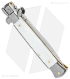 Frank B 9" Italian Stiletto Automatic Knife White Pearlex (4" Satin Dagger) -Knife Promotion Shop Frank B 9in Italian Stiletto Auto White Pearlex Satin Dagger BHQ 138986 jr side